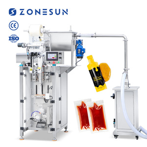Machine de remplissage et de scellage automatique verticale ZONESUN ZS-FS510U avec pompe à rotor servo pour sauces et pâtes en sachets, avec trémie de mélange - Product Image 1