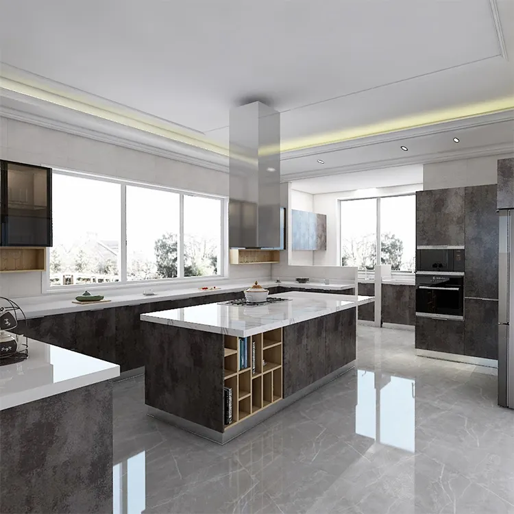 Kabinet dapur tanpa tangan serat lengkap warna desain hotel tata letak 2pac Pulau murah tipe baru