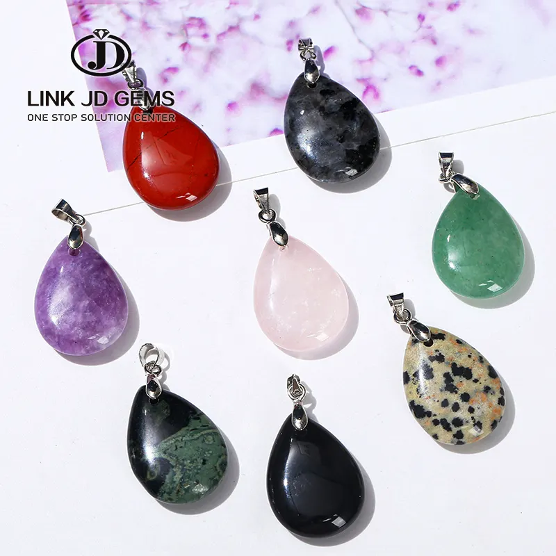 JD Natural Pink Quartz Apatite Yellow Tiger Eye Water Drop Shape Pendant Polished Charms For Jewelry Making