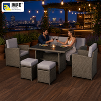 Ensemble de meubles d'extérieur 6 pièces en rotin PE, canapé 3 places, 2 fauteuils, 2 ottomanes, table à lattes, gris