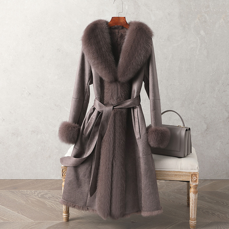 Women's Real Rabbit Fur Skin Long Coat with Fox Fur Collar & Cuffs