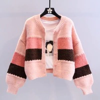 Cardigan rose à col rond pour femme, anti-rides, design color block, pull décontracté en maille, manches lanternes, boutonné – Stock disponible
