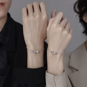 Double Ring Couple Bracelet Tibetan Silver Geometric Lock Design Unisex Gift Jewelry - Product Image 4