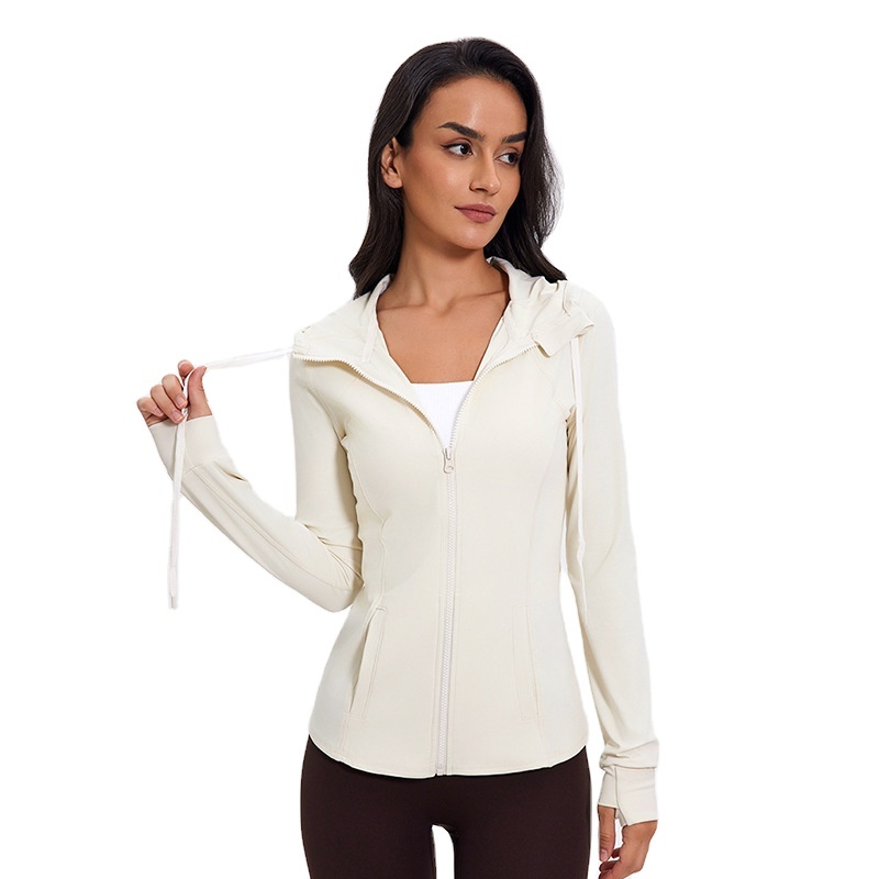 Spring Summer New High Collar Hooded Sports Jacket Slim Running Fitness Tops Sports Long-Sleeved Yoga Top Women