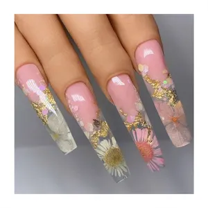 Fake Long Coffin Flower French Tips Transparent Fake Nails Luxury Design Full Cover False Nails Private Label Press On Nails