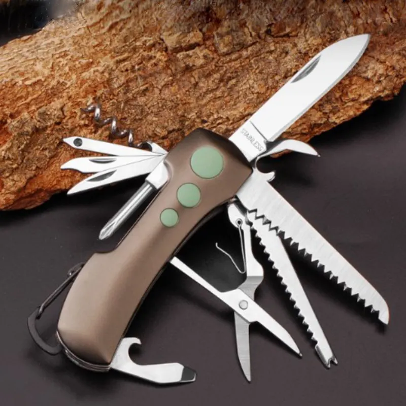 Couteau multi-usage avec crochet mousqueton, acier inoxydable 420, couteau de poche suisse gravé