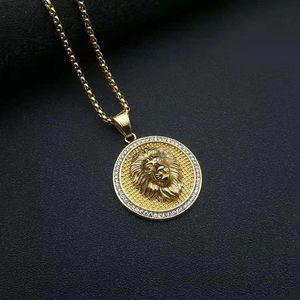 Collier Pendentif Tête de Lion Doré Yunnique en Acier Inoxydable avec Strass, Breloque Zodiaque Animale Sertie Pavé, Chaîne, Cadeau Bijou - Product Image 4