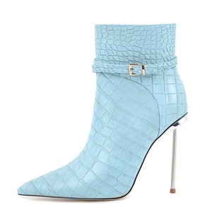 Botines de tacón de aguja metálicos súper delgados para mujer, talla grande 45, ajuste ancho, zapatos de tacón alto, estampado de piedra, cortos - Product Image 1