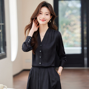 Women's Black V-Neck Shirt With Buttons Solid Color Polyester Poplin Office Wear - Product Image 4