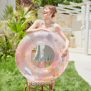 Xiaolu <b>Inflatable</b> Swimming Ring Pink Sequin Star Pattern Round <b>Float</b> For <b>Pool</b> Water Park Adult Unisex Thickened 0.20mm PVC - Product Image 2