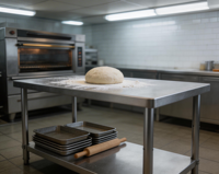 Plan de travail de restauration en acier inoxydable personnalisable avec revêtement autonettoyant, pieds réglables, haute capacité de charge pour cuisine d'hôtel