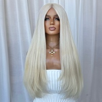 Perruque en cheveux humains blond platine, entièrement en dentelle, longue et droite, avec raie au milieu, texture soyeuse, ligne de cheveux naturelle pré-épilée, coiffage polyvalent