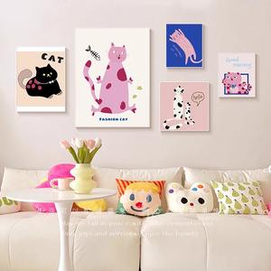Tela moderna cornice decorativa arte della parete per la camera dei bambini divano sfondo a pois gatto pittura dei cartoni animati - Product Image 4