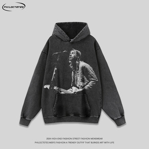 Nuova Felpa con Cappuccio Autunnale Stile <span class=keywords><strong>Hip</strong></span>-hop Lavata, Design Vintage con Stampa di Band <span class=keywords><strong>Rap</strong></span>/Rock, Felpa a Maniche Lunghe da Uomo - Product Image 1
