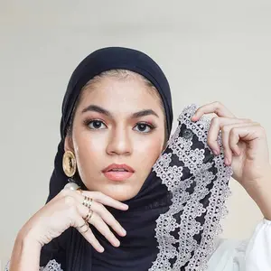 Luxury Femme Custom Lace Hijab For Women Chiffon Scarf Muslim Sequins Shawl Plain Turban Headwraps