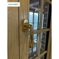 Ventanas de Madera Estilo Francés Personalizadas Huasin, Ventana Abatible de Madera Revestida de Aluminio con Arco Estilo Europeo y Rejillas Decorativas