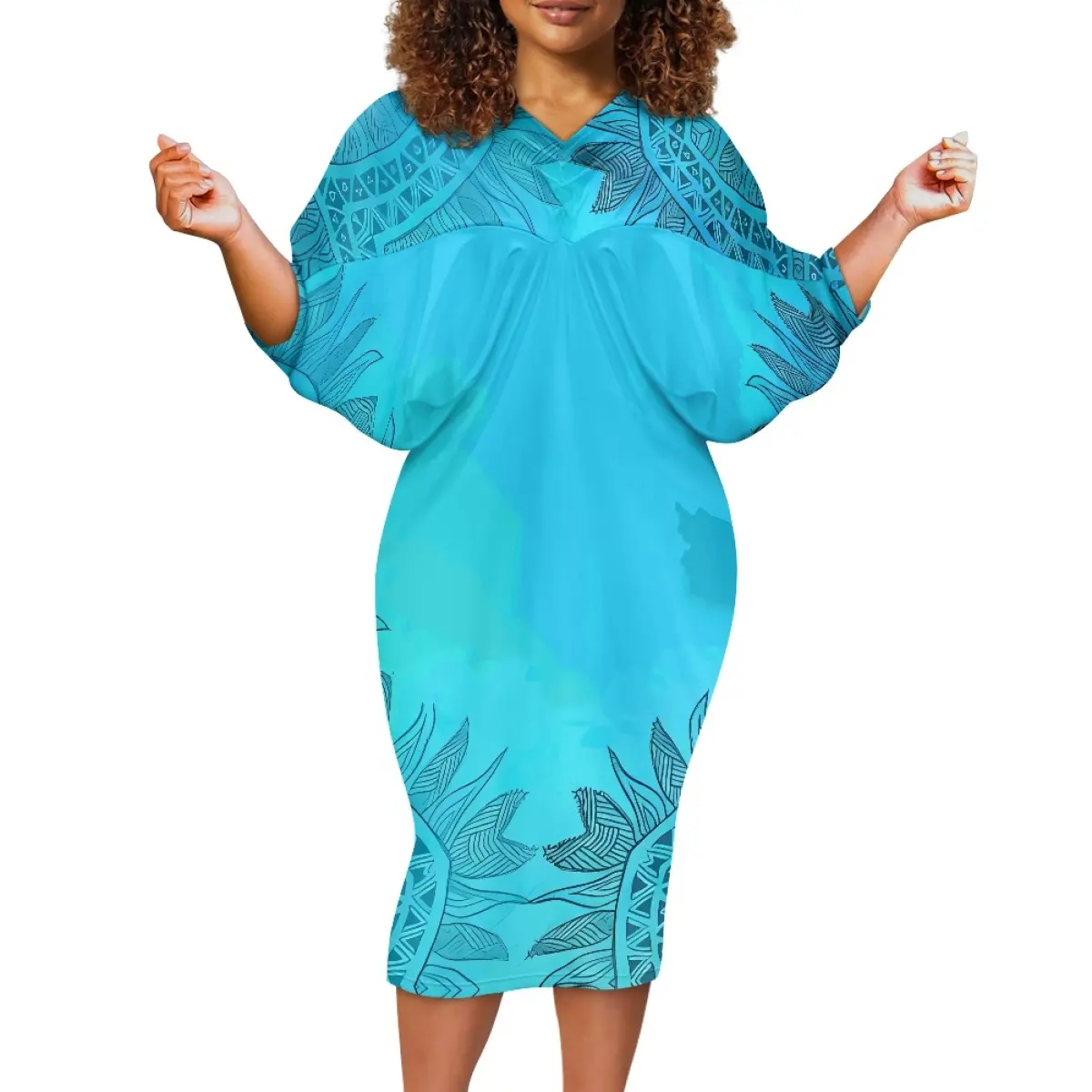 विशेष अवसरों के लिए कस्टम बैट स्लीव बड़े आकार की महिलाओं की पोशाकें सुरुचिपूर्ण समोआ जनजातीय प्रिंट ड्रेस प्लस साइज पुलेटासी हवाईयन ड्रेस