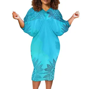 特別な日のためのカスタムバットスリーブビッグサイズの女性のドレスエレガントなサモア部族のプリントドレスプラスサイズのPuletasiハワイアンドレス