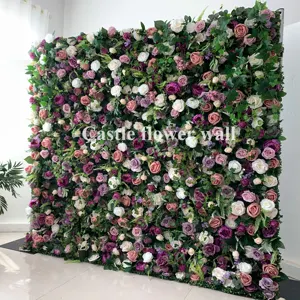 M836批发婚礼装饰3d 5d卷起人造玫瑰花墙板背景绿叶花墙用品