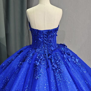 ロイヤルブルーQuinceaneraドレス15年プロムオフショルダースパンコール3D花誕生日パーティードレスDy6521-1 - Product Image 2