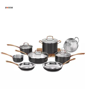 Quality kitchen pot outdoor steamer gold metal Cookware Set camping stainless steel pot Pans with Glass Lid fry pan nonstick