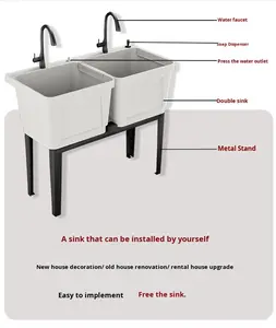 Lavabo double <span class=keywords><strong>vasque</strong></span> en plastique PP écologique et facile à nettoyer pour hôtels, avec <span class=keywords><strong>meuble</strong></span> <span class=keywords><strong>sous</strong></span>-<span class=keywords><strong>vasque</strong></span> pour salle de bain - Product Image 4