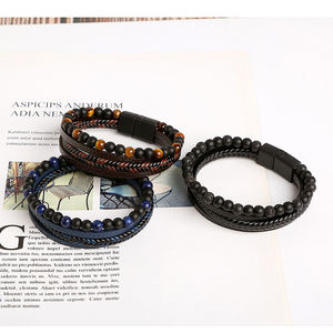 G1409 Vente en Gros Bracelets Perles en Pierres Naturelles Œil-<span class=keywords><strong>de</strong></span>-<span class=keywords><strong>Tigre</strong></span> <span class=keywords><strong>Lave</strong></span> Bijoux Fermoir Magnétique en Alliage <span class=keywords><strong>Bracelet</strong></span> en Cuir pour Hommes - Product Image 1
