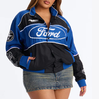 Blouson Bomber Femme Personnalisé en Toile de Haute Qualité, Brodé, Col Montant, Boutonné, Style Vintage Racing, Coupe Oversize, Color Block Moto
