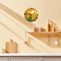 Jam Dinding Kayu Artistik Desain Bunga Matahari di Bawah Sinar Matahari, Jam Dinding Senyap 10-16 Inci, Cocok untuk Ruang Tamu, Kamar Tidur
