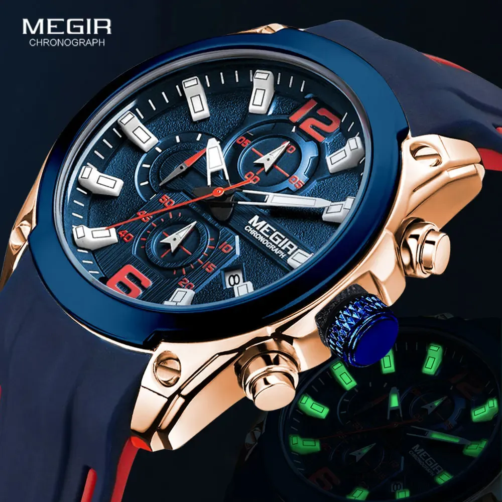 Megir 2063 2024 jam tangan kuarsa Analog Chronograph dengan tanggal bercahaya tangan silikon tahan air tali karet jam tangan untuk pria