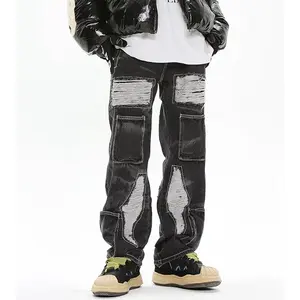 StreetLux Custom American Street Patch Rag Design Sense of Niche Jeans Hombres Instagrammed Pantalones rectos sueltos - Product Image 1