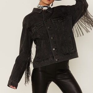 แจ็คเก็ตยีนส์ผู้หญิง LARSUR Custom Factory แต่งพู่ห้อยประดับคริสตัล ลุคทำเก่า ซักฟอก ติดกระดุม แขนยาว - Product Image 1