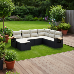 Juego de sofás de jardín modulares de ratán de 7 piezas, muebles de exterior de color negro y crema, diseño contemporáneo, cojines de espuma de alta densidad - Product Image 2