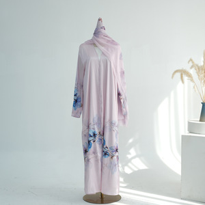 2025Loriya AliExpress <span class=keywords><strong>Dubai</strong></span> Midden-Oosten Bloemrijk Polyester Cardigan Turban Open Abaya Set Kraaltjes 3D-effect Prinsessenmouw Hals - Product Image 5