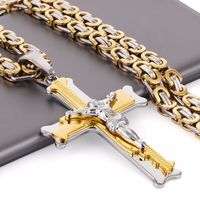 Chaîne byzantine en acier inoxydable bicolore plaqué or 18 carats Collier pendentif croix roi Chaîne Collier croix chrétien Jésus pour homme