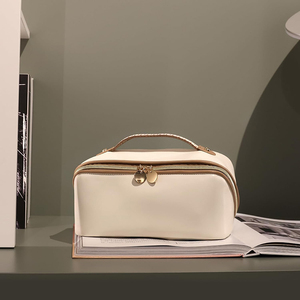 Beige Women Makeup <strong>Bag</strong> <strong>Travel</strong> Waterproof Vegan Leather Cosmetic <strong>Bag</strong> Open Flat <strong>Toiletry</strong> <strong>Bag</strong> With <strong>Clear</strong> Divider and Handle - Product Image 6