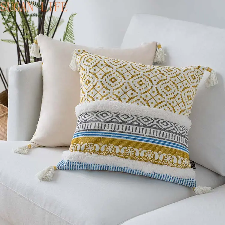 Moroccan Style Pillow Cover Blue Yellow Pink Cushion Cover Tassels Woven for Home Decoration Sofa Bed 45x45cm