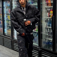 YSJY Fabricant de vêtements de rue, ensembles de veste en jean brodée surdimensionnée personnalisée, tenues, ensembles de pantalons en jean lourd pour hommes
