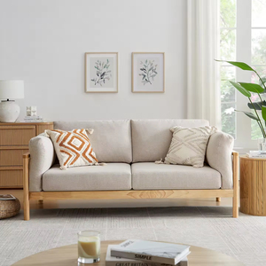 Canapé 3 places en bois massif style nordique minimaliste, rangée droite, tissu lavable, style bois naturel pour petit salon - Product Image 2