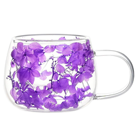 Mug en verre borosilicate soufflé à la main à double paroi avec intercouche de fleurs séchées, résistant à la chaleur, 130 ml, anti-fuite