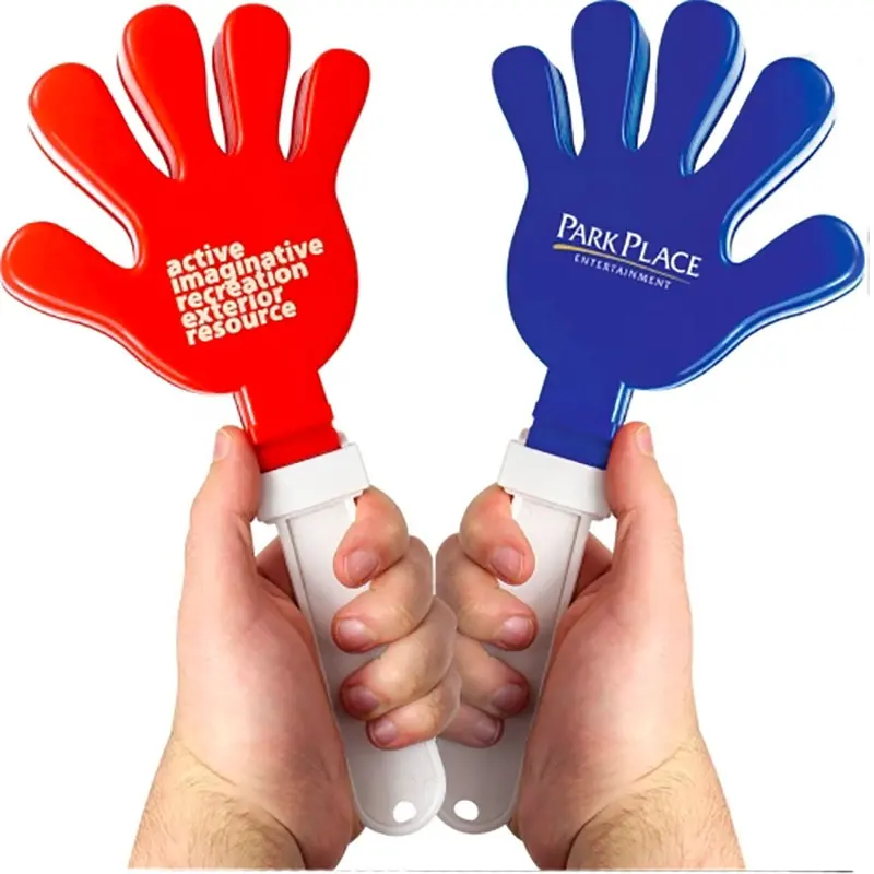 פלסטיק יד צורת עליז קלאפר כדי לעשות קצת רעש תמיכה אירועי ספורט או מוסיקה קונצרט עם מדבקת שלך לוגו מודפס