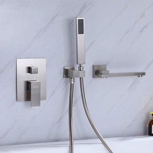 Mitigeur <span class=keywords><strong>de</strong></span> bain noir brossé avec douchette à main et bec rotatif pluie/ cascade pour appartement, eau chaude et froide - Product Image 1