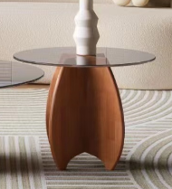 Table basse moderne en verre trempé rond avec base en bois, design minimaliste, meubles de salon - Product Image 4