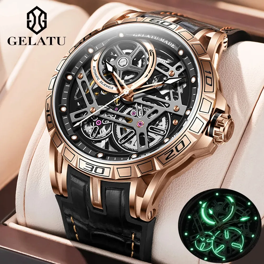 GELATU 6015 2024 Original Luxury Watch for Men Automatic Mechanical Waterproof Silicone Leather Strap Sapphire Crystal Skeleton