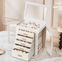 Boîte à bijoux rectangulaire de luxe légère en cuir, rotative à 360°, avec tiroirs, organisateur anti-poussière pour colliers et boucles d'oreilles