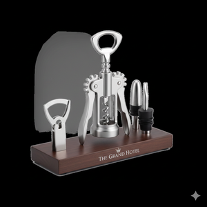 Juego de abridor de vino metálico The Grand Hotel con sacacorchos y tapón de botella, resistente, origen estadounidense, para uso en bares. - Product Image 1