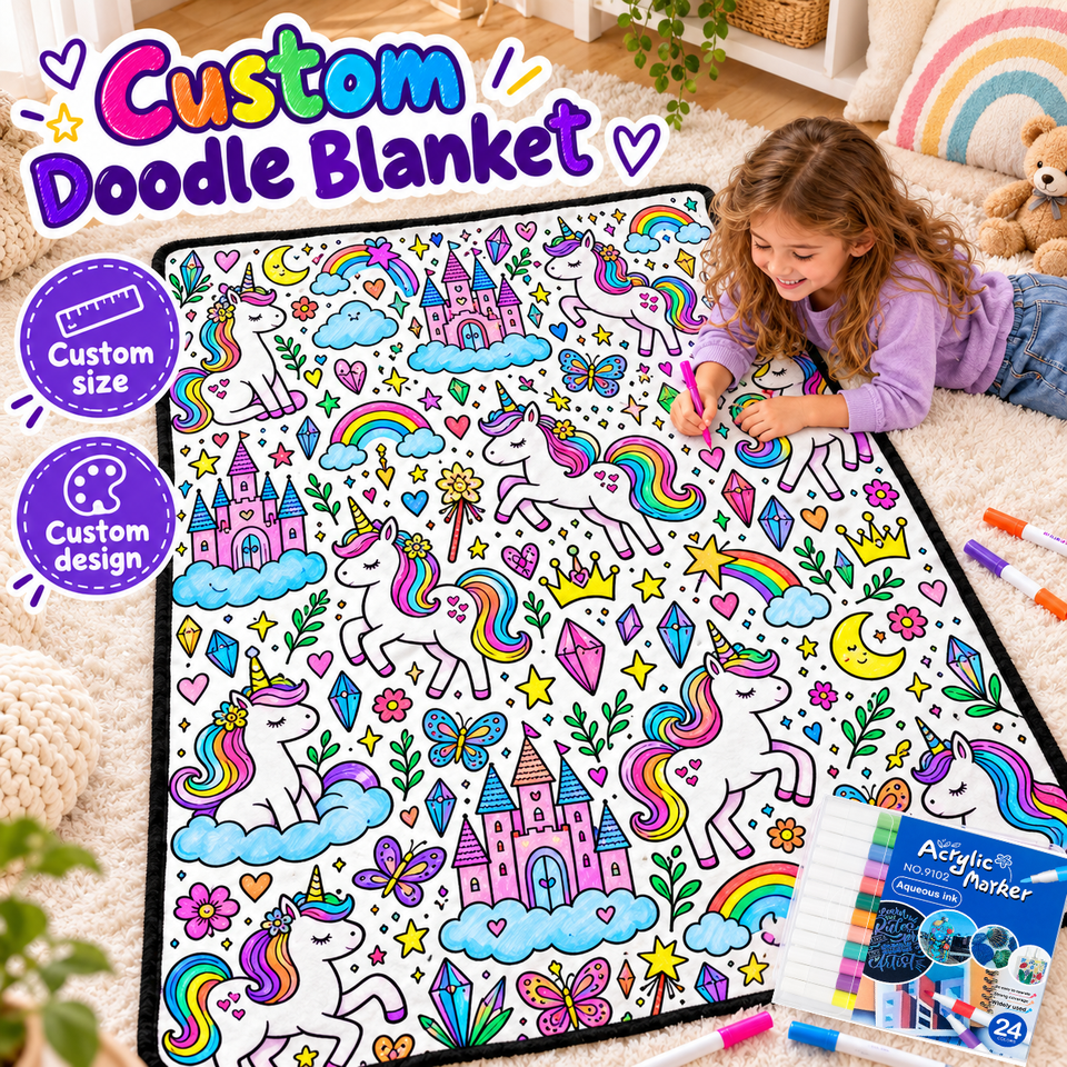 Creative Unicorn Doodle Blanket Fantasy Cartoon Pattern Printed Blanket ...