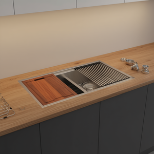 Lavello da Cucina Sottopiano a Doppia Vasca 33x19 in Acciaio Inox 16 Gauge Finitura Spazzolata Stile Rustico - Product Image 2