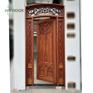 Certificering Vintage Afgewerkt Gesneden Massief Hout Enkele Voordeur Met 2 Zijruiten En Glazen Spiegel Gebogen Houten Gebogen Deur - Product Image 3