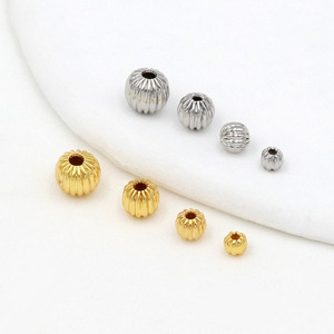 Accessoires de bracelet DIY : Perles citrouille à rayures verticales plaquées or 18 carats, Perles melon d'eau rondes creuses couleur or 14 carats inaltérable - Product Image 4